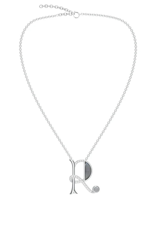 Signery ‘R’ Initial Pendant – Labradorite Moissanite & Rhodium Plated