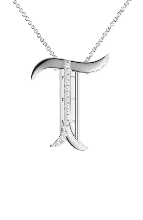 Signery ‘T’ Initial Pendant – Moissanite & Rhodium Plated