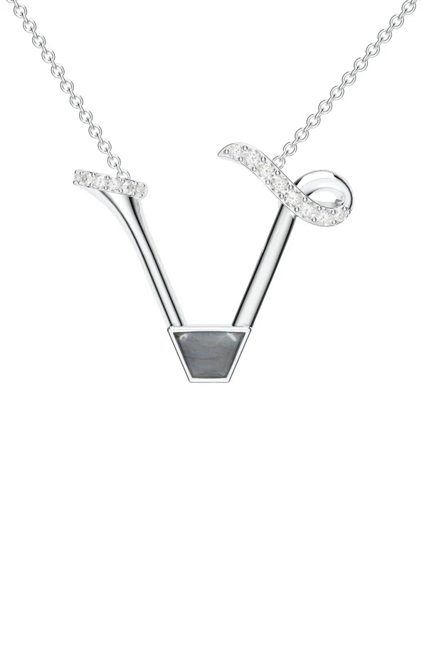 Signery ‘V’ Initial Pendant – Labradorite Moissanite & Rhodium Plated