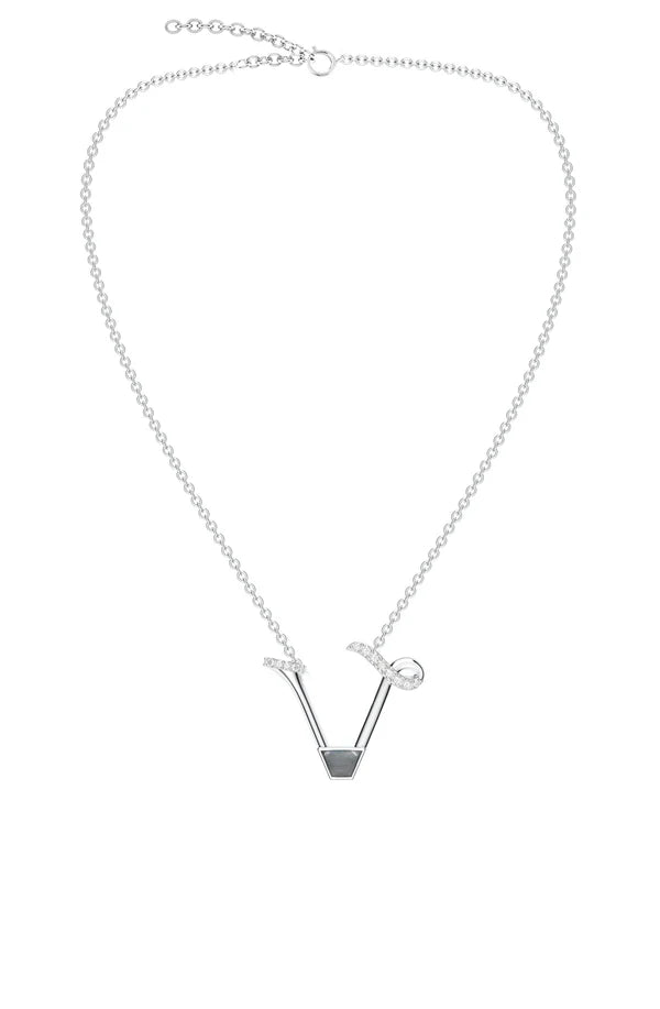 Signery ‘V’ Initial Pendant – Labradorite Moissanite & Rhodium Plated