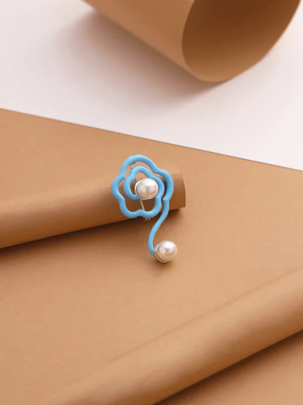 Blue Floral Pearl Drop Brooch