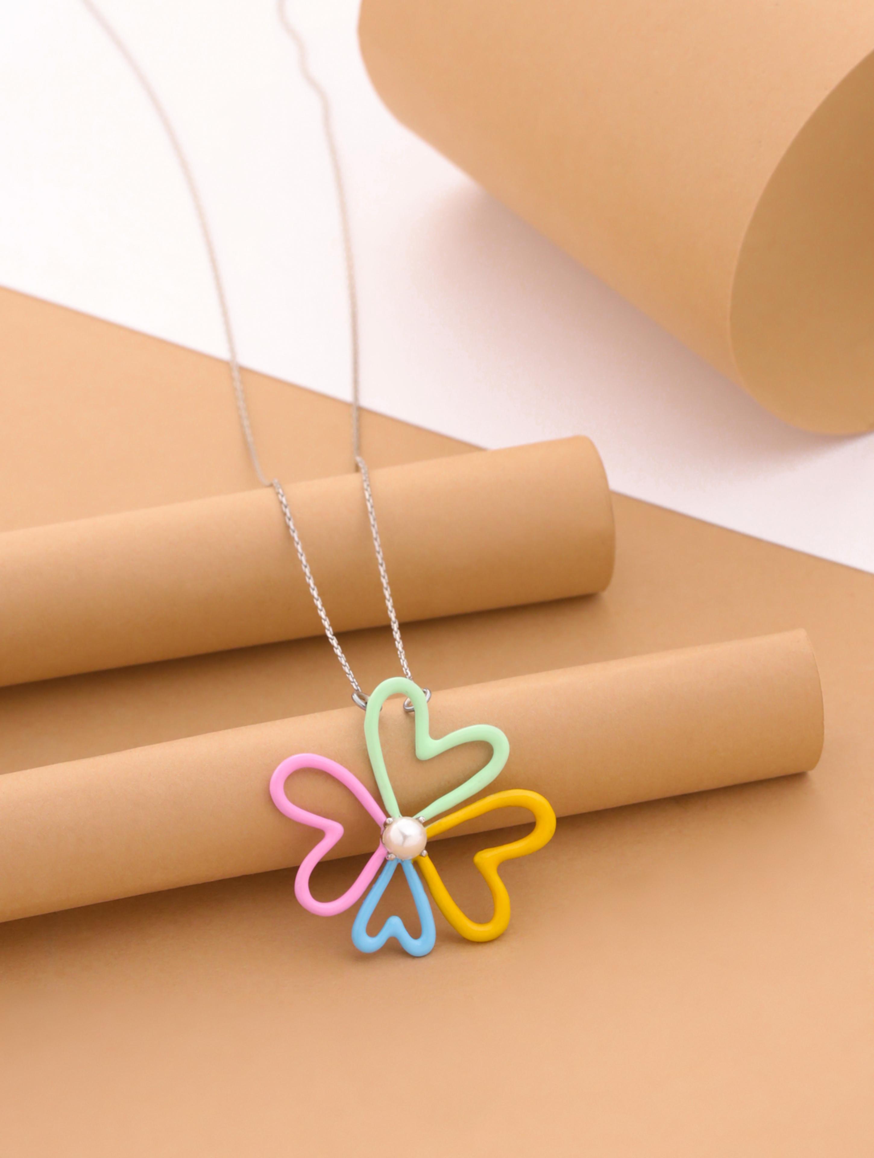 Rhodium Pastel Bloom Corolla Pearl 925 Sterling Silver Pendant For Women