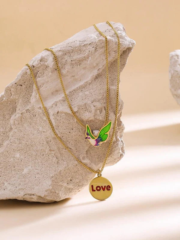 24K Gold Plating Bird and Love Engraved Coin Elysian 925 Sterling Silver Necklace For Women