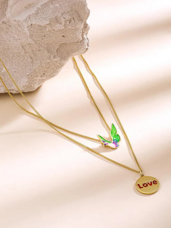 24K Gold Plating Bird and Love Engraved Coin Elysian 925 Sterling Silver Necklace For Women