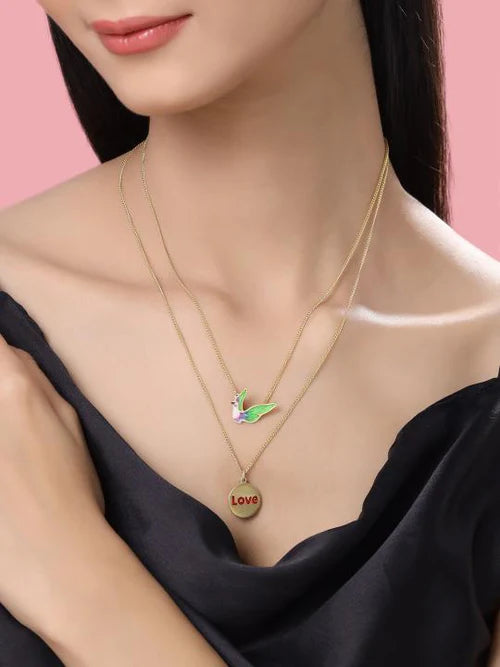 24K Gold Plating Bird and Love Engraved Coin Elysian 925 Sterling Silver Necklace For Women