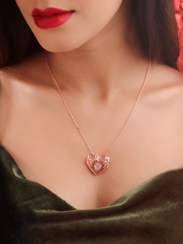 Elysian Rose Gold Heart-Shaped Pink Chalcedony 925 Sterling Silver Pendant For Women