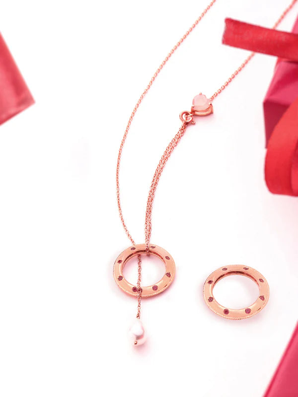 Rose Gold Love Motif Pink Chalcedony & Pearl Elysian 925 Sterling Silver Ring Pendant For Women