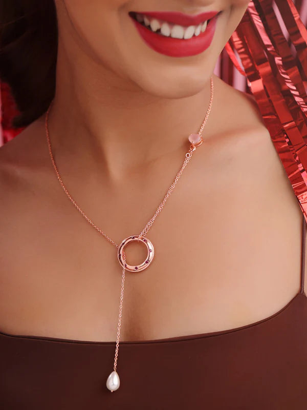 Rose Gold Love Motif Pink Chalcedony & Pearl Elysian 925 Sterling Silver Ring Pendant For Women