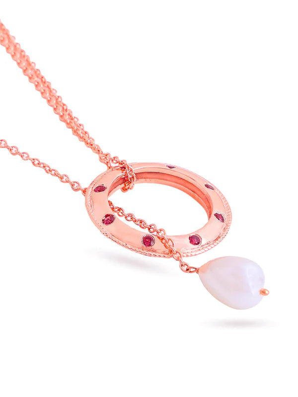 Rose Gold Love Motif Pink Chalcedony & Pearl Elysian 925 Sterling Silver Ring Pendant For Women