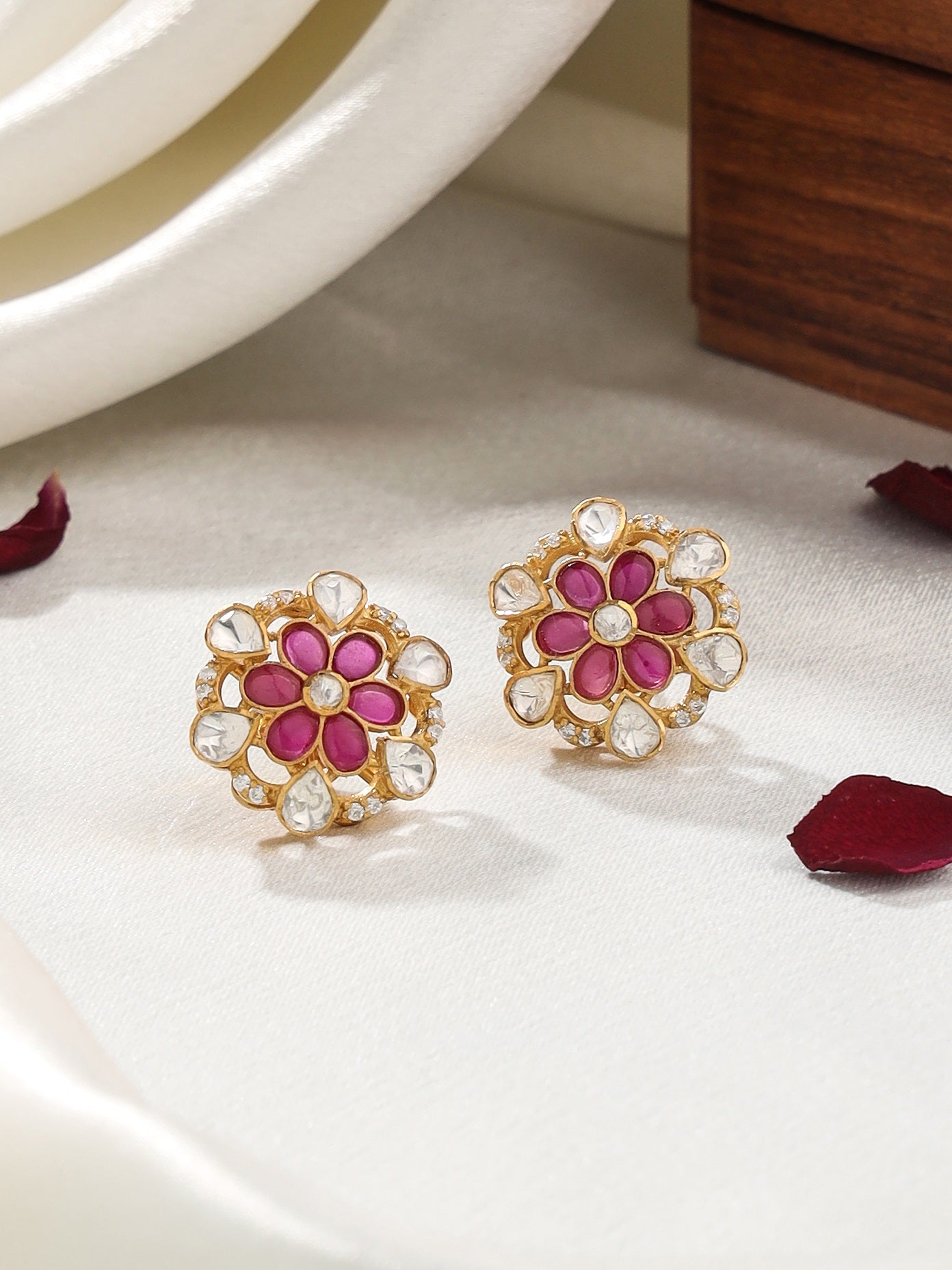 Polki Crimson Flower Round 925 Sterling Silver Earrings For Women