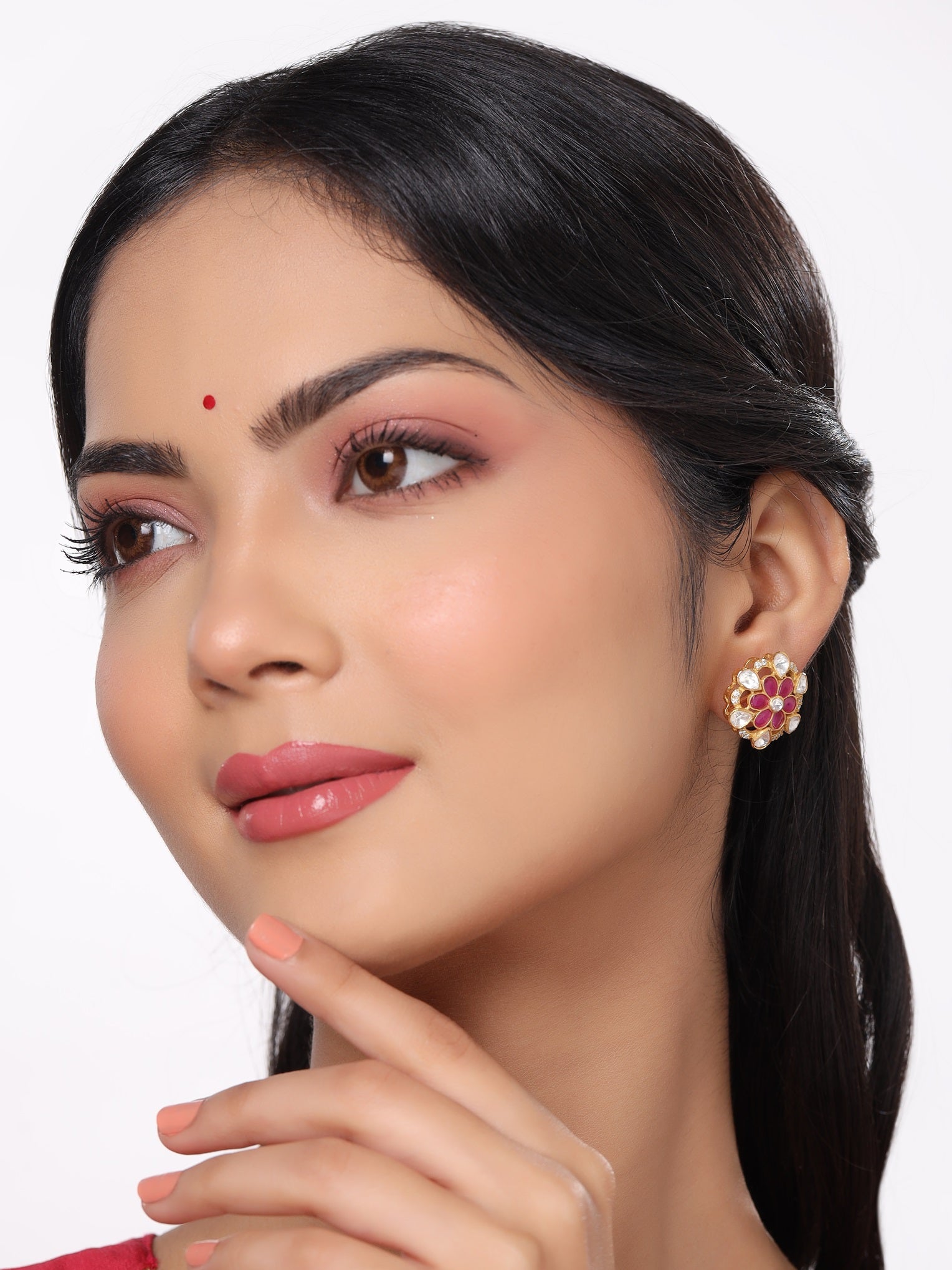 Polki Crimson Flower Round 925 Sterling Silver Earrings For Women