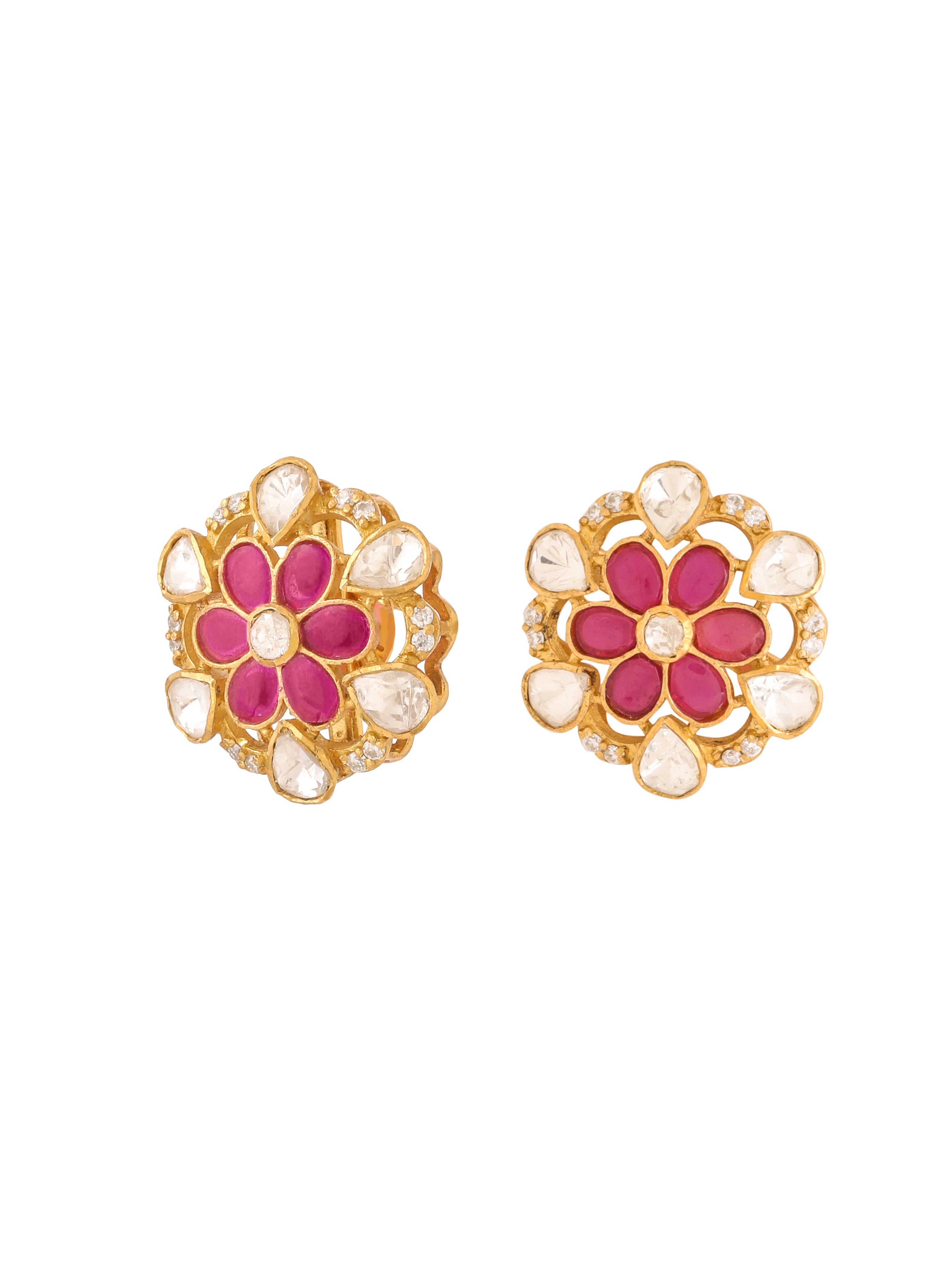 Polki Crimson Flower Round 925 Sterling Silver Earrings For Women