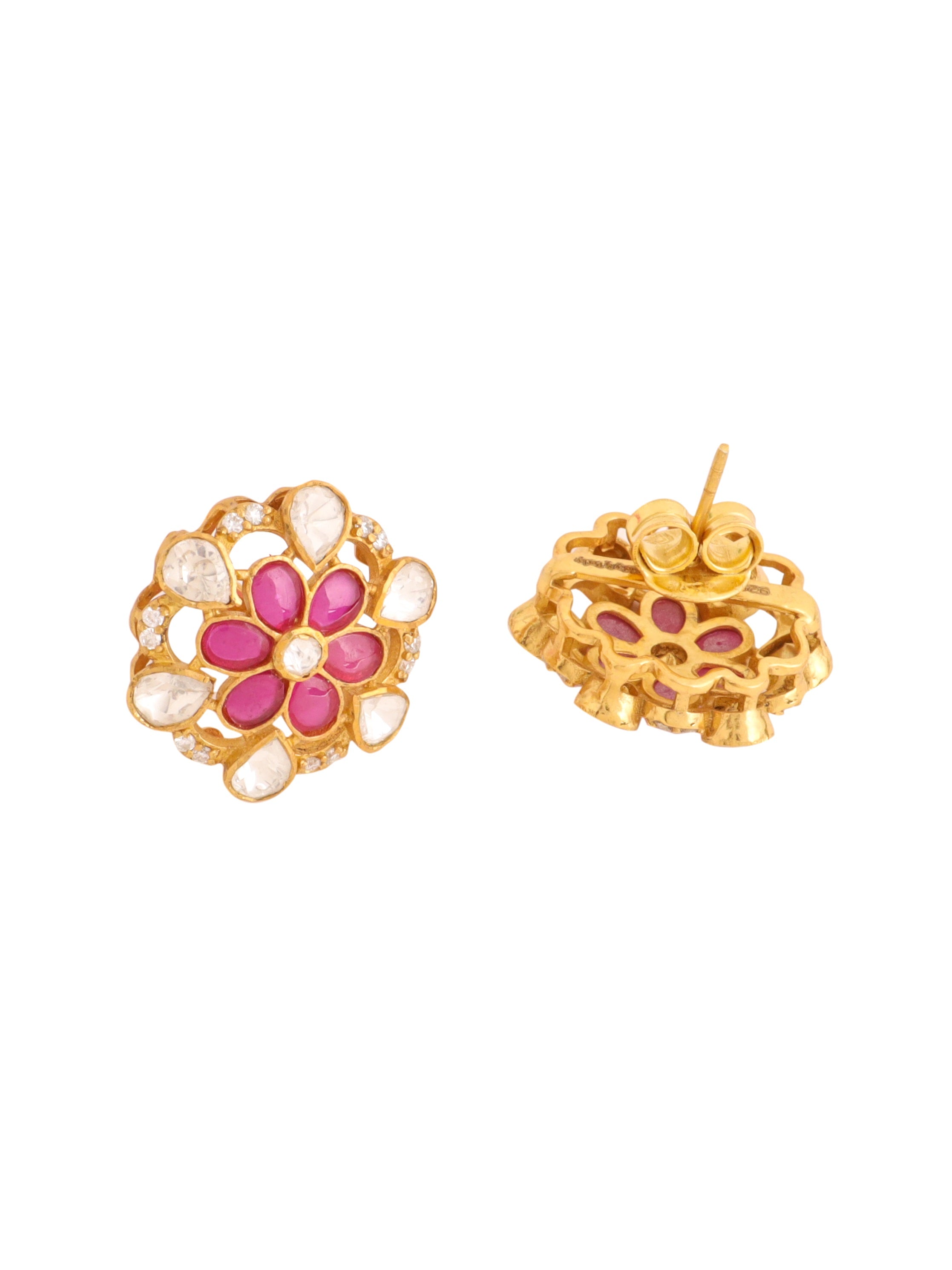 Polki Crimson Flower Round 925 Sterling Silver Earrings For Women