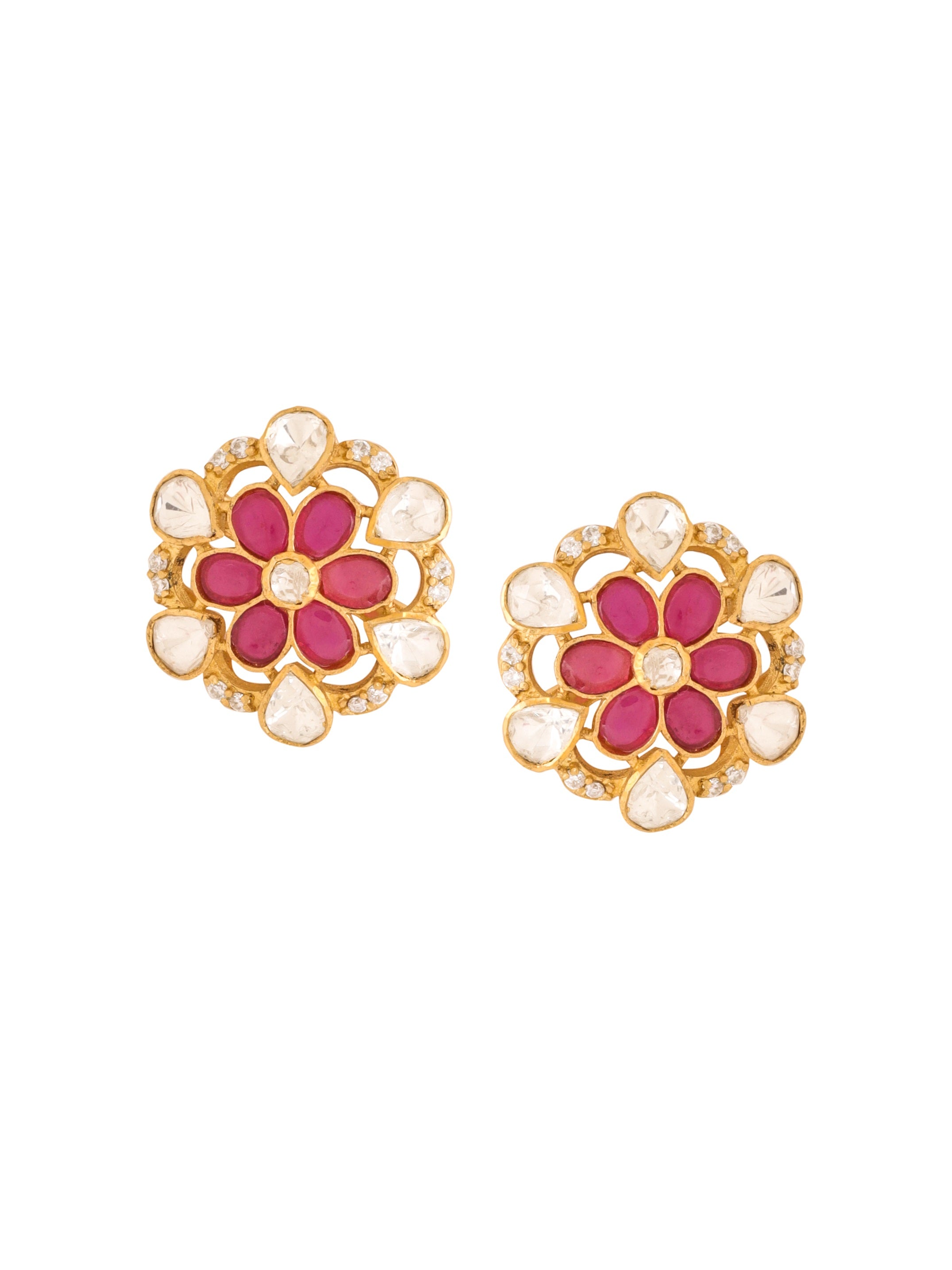 Polki Crimson Flower Round 925 Sterling Silver Earrings For Women