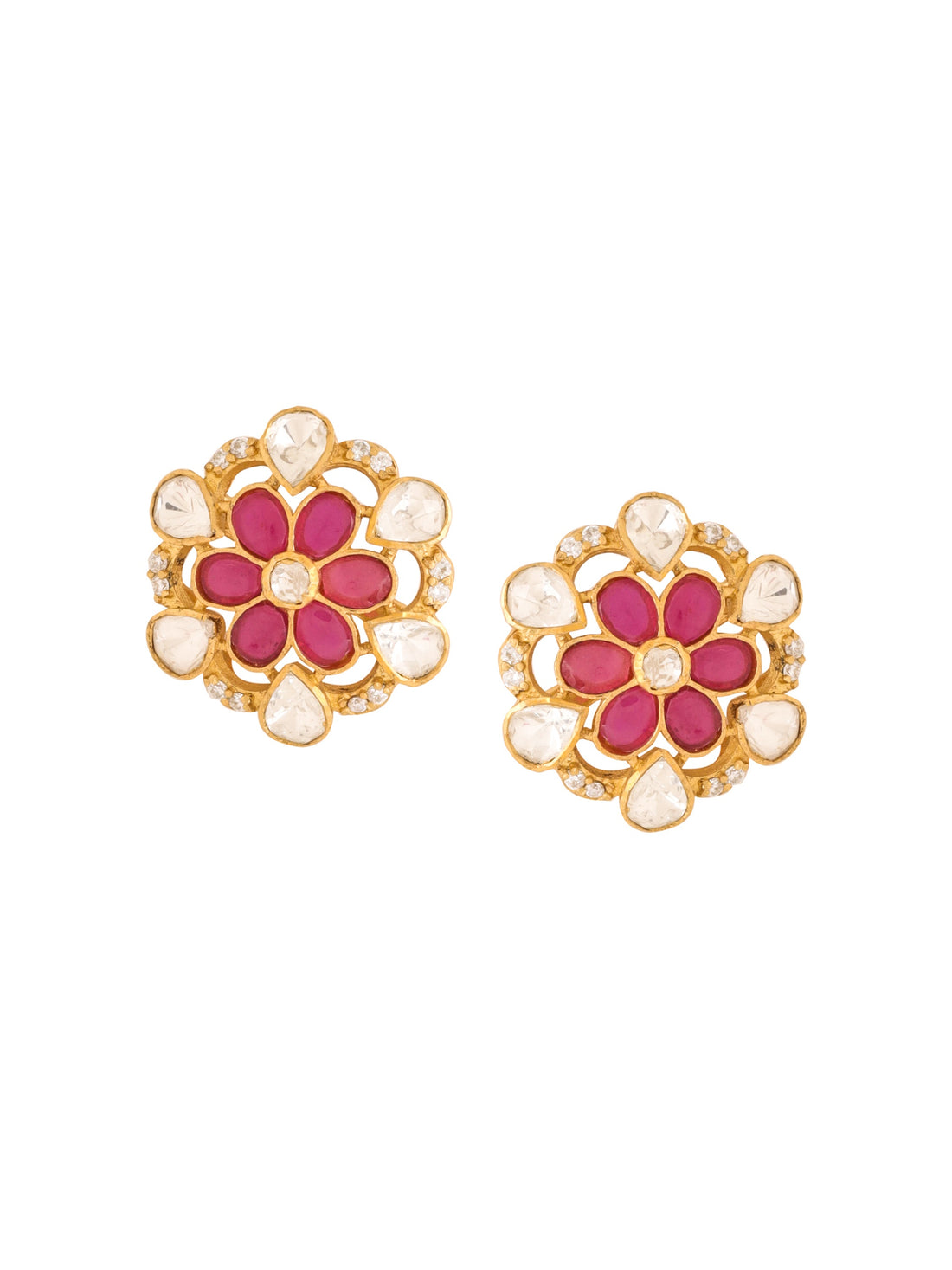 Polki Crimson Flower Round 925 Sterling Silver Earrings For Women