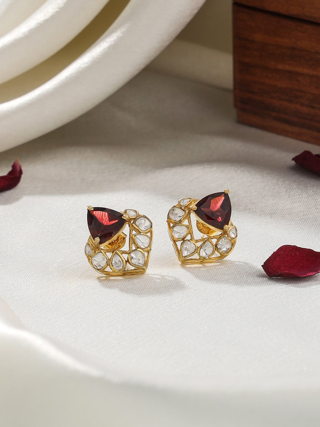 Polki Romantic Garnet Heart 925 Sterling Silver Earrings For Women