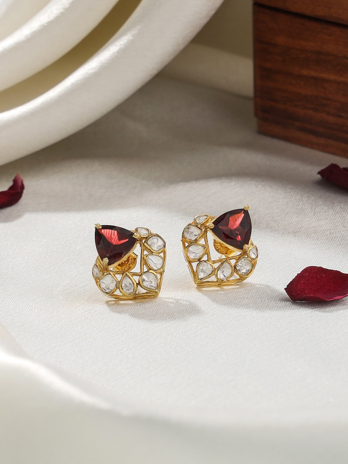 Polki Romantic Garnet Heart 925 Sterling Silver Earrings For Women