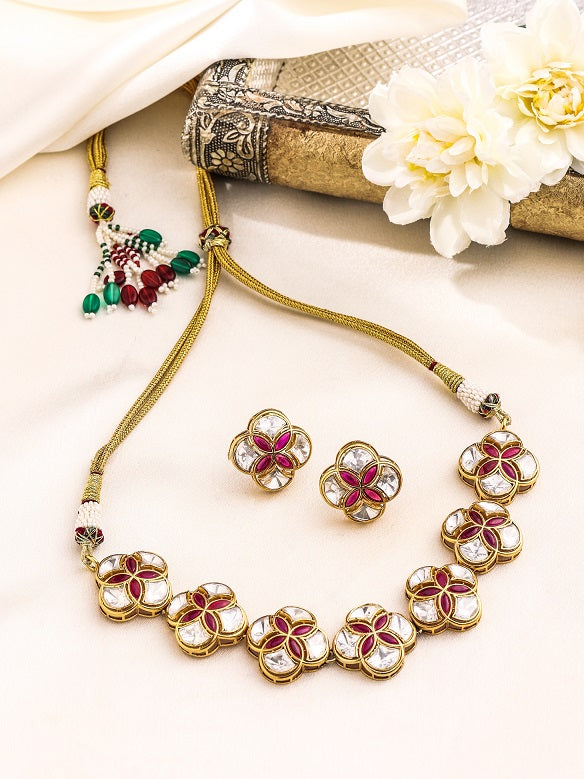 Mughal-Inspired Polki Red Talfe - Wedding Bliss 925 Sterling Silver Necklace Set For Women