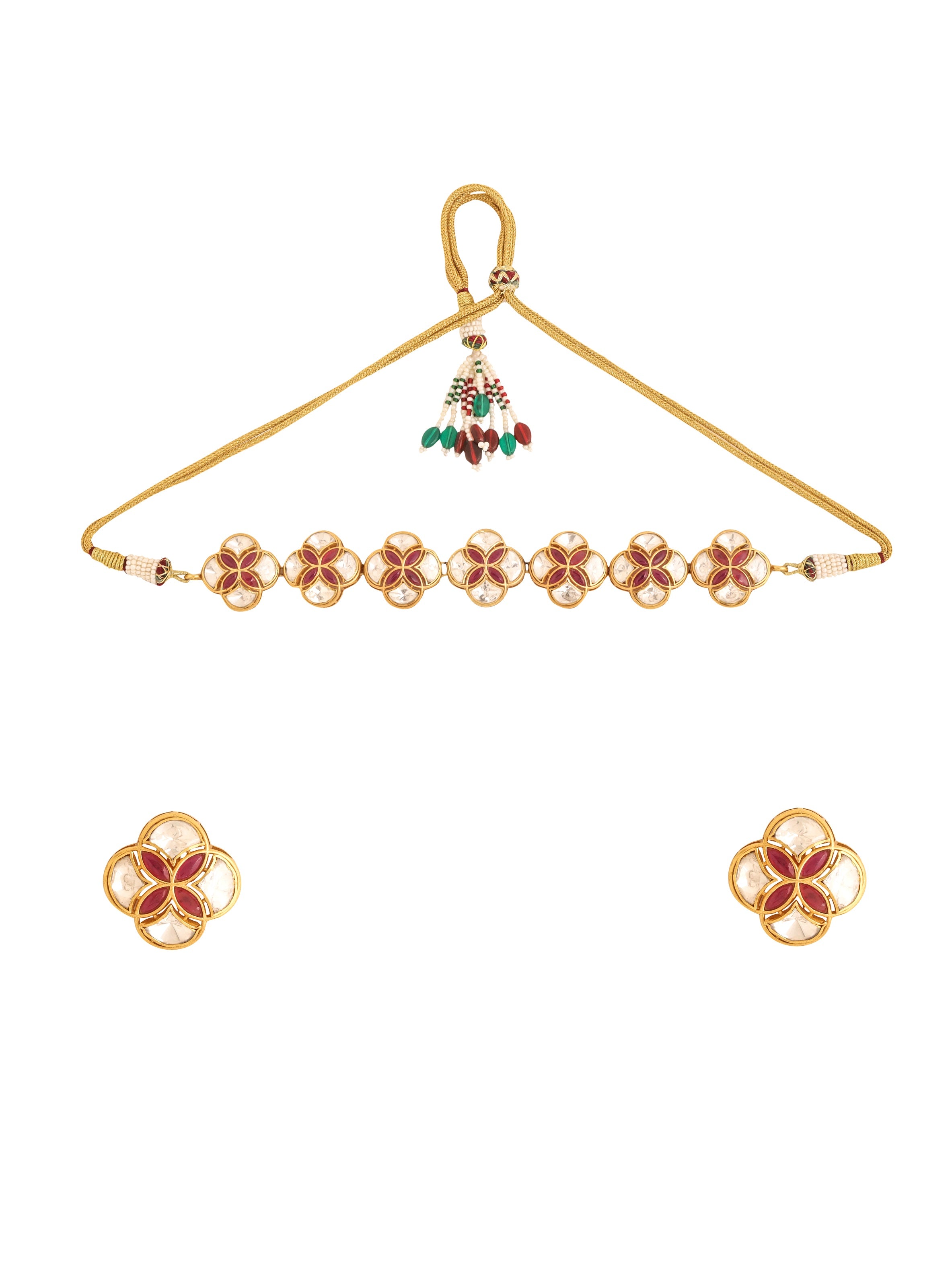 Mughal-Inspired Polki Red Talfe - Wedding Bliss 925 Sterling Silver Necklace Set For Women