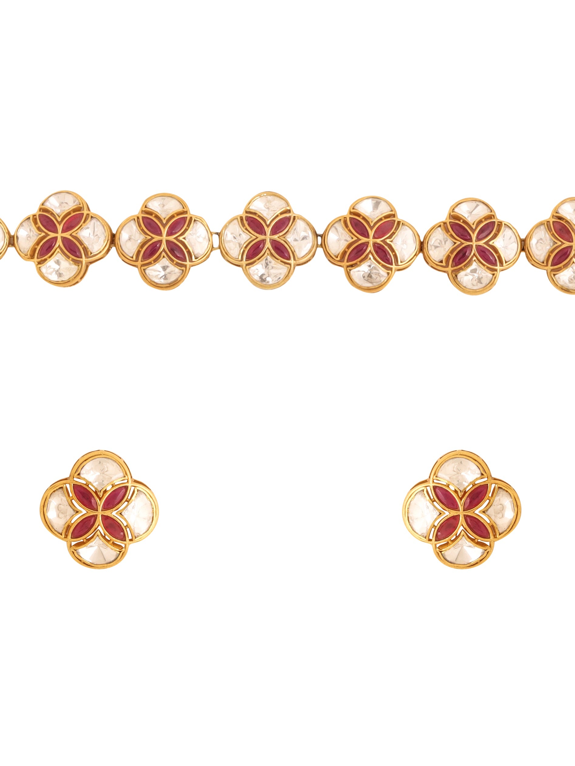 Mughal-Inspired Polki Red Talfe - Wedding Bliss 925 Sterling Silver Necklace Set For Women