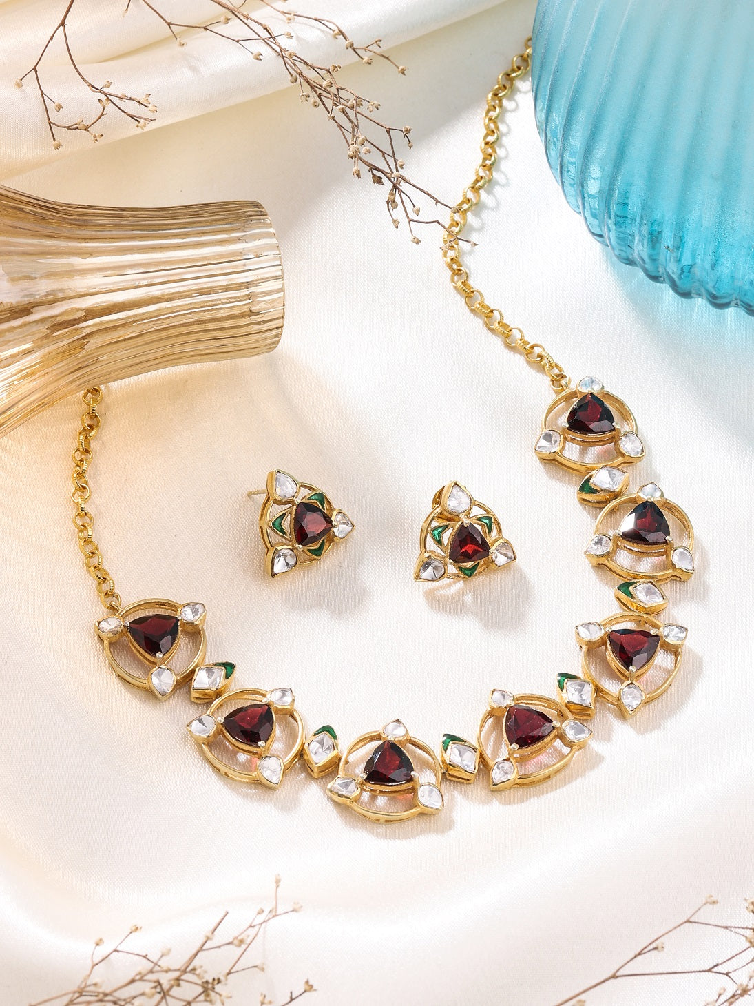 Garnet & Polki Green Talfe - Wedding Bliss 925 Sterling Silver Necklace Set For Women