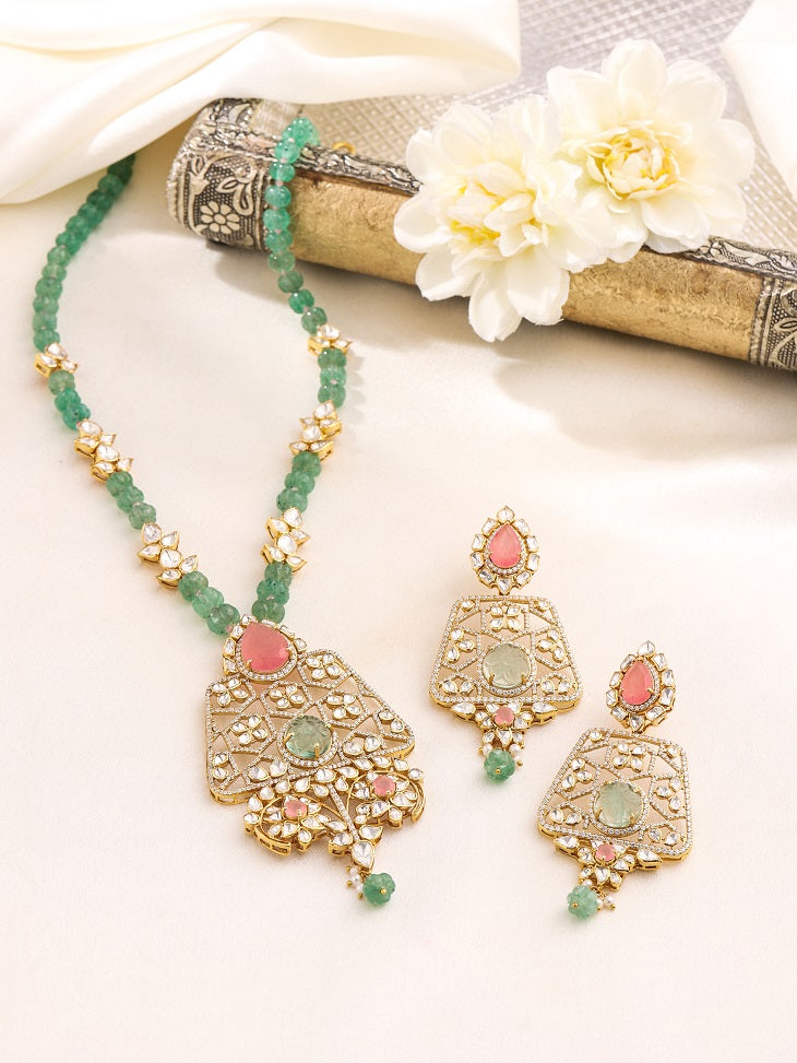 Pink Quartz & Floride Strawberry Quartz - Wedding Bliss Collection 925 Sterling Silver Necklace Set For Women