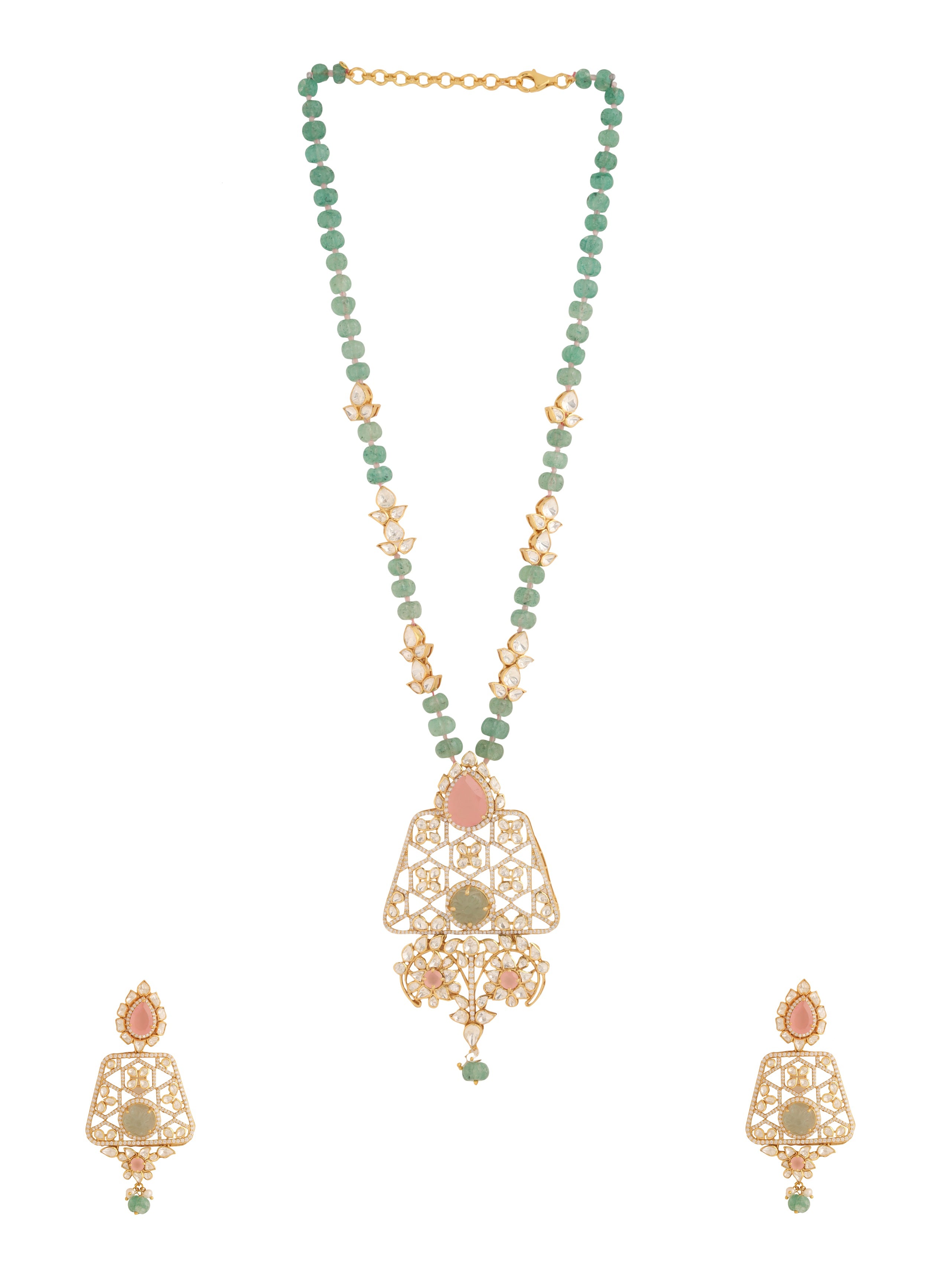 Pink Quartz & Floride Strawberry Quartz - Wedding Bliss Collection 925 Sterling Silver Necklace Set For Women