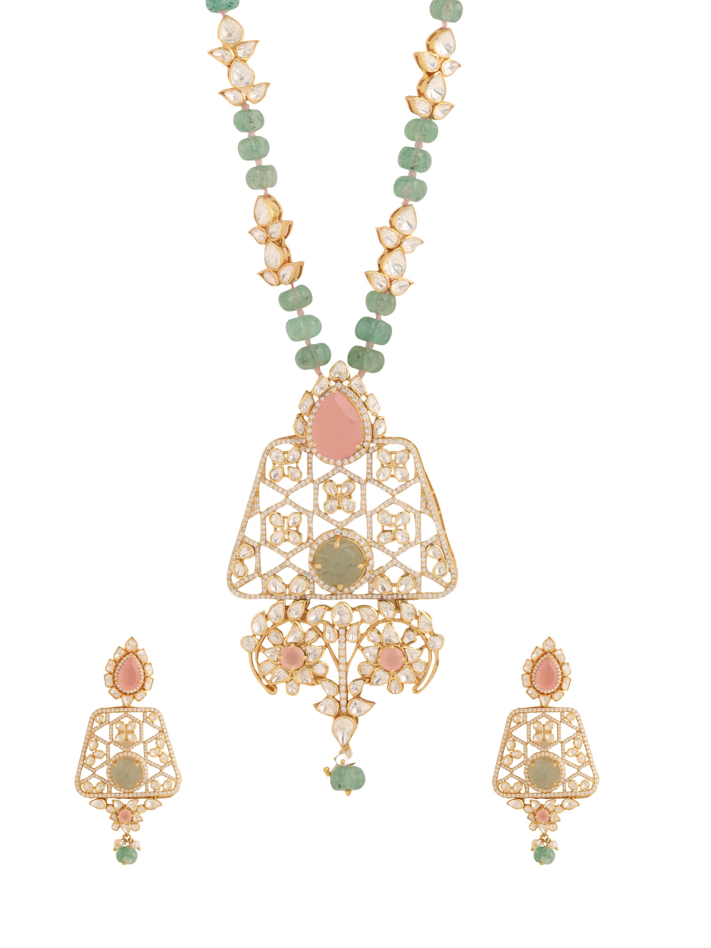 Pink Quartz & Floride Strawberry Quartz - Wedding Bliss Collection 925 Sterling Silver Necklace Set For Women