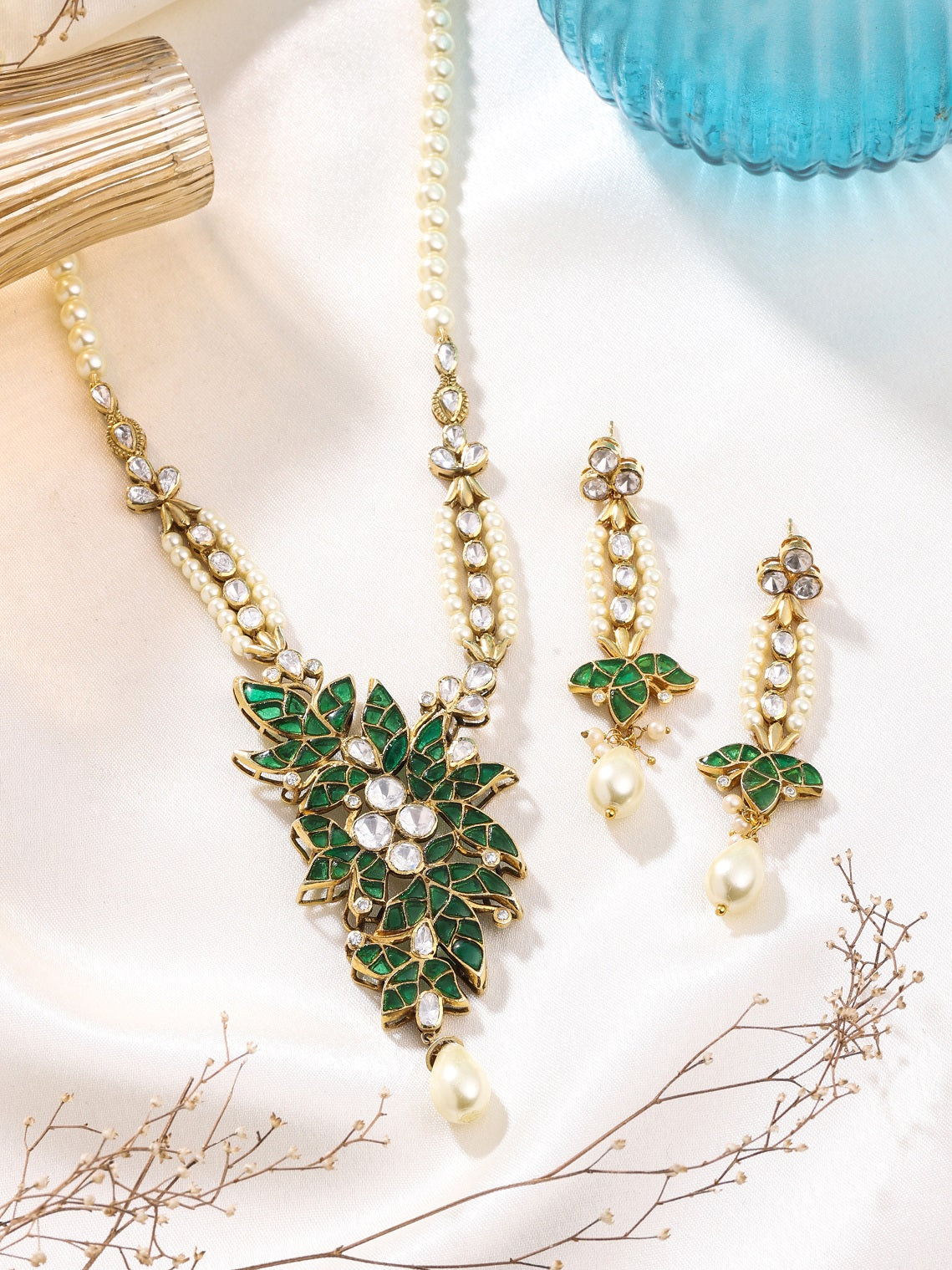 Pearl Elegant Polki Blue Talfe - Wedding Bliss 925 Sterling Silver Necklace Set For Women