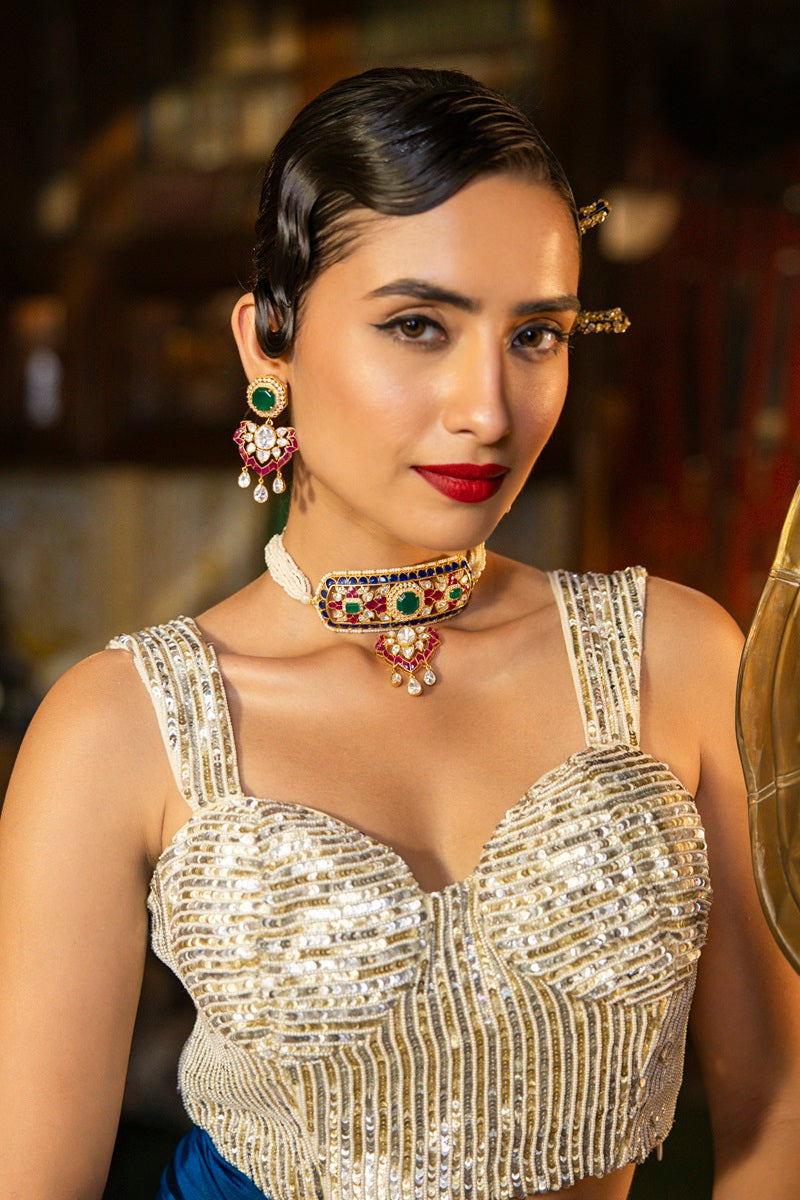 Pearl Traditional Polki Pink Talfe - Wedding Bliss 925 Sterling Silver Necklace Set For Women