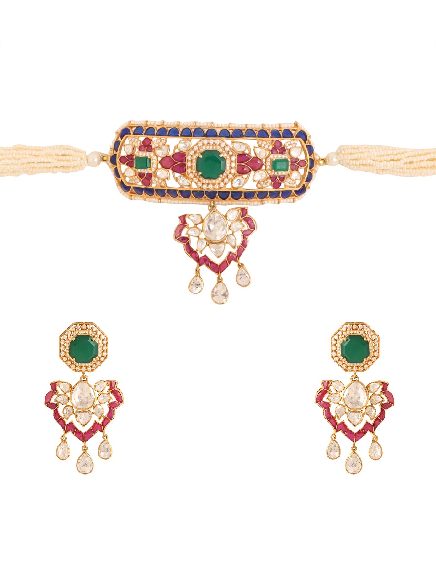 Pearl Traditional Polki Pink Talfe - Wedding Bliss 925 Sterling Silver Necklace Set For Women