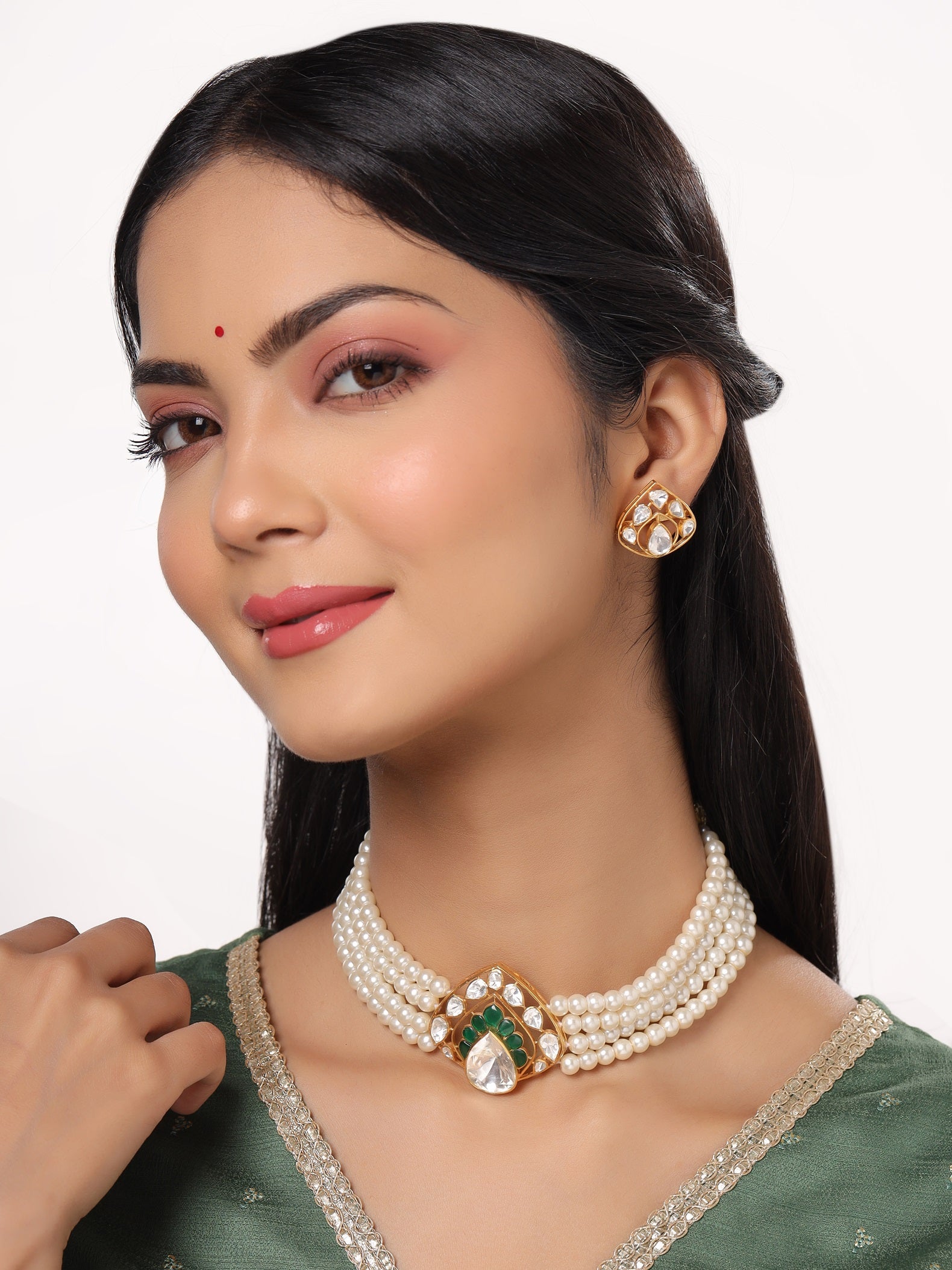 Pearl Stunning Polki Green Talfe - Wedding Bliss 925 Sterling Silver Necklace Set For Women