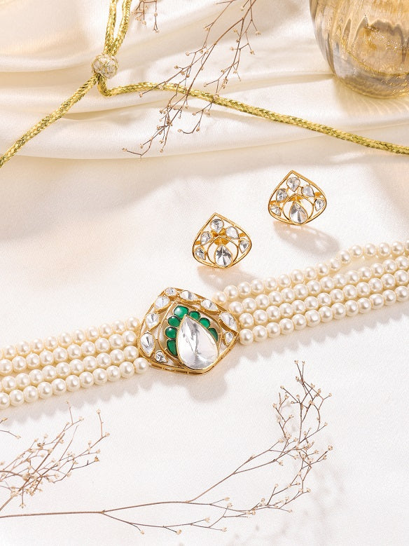 Pearl Stunning Polki Green Talfe - Wedding Bliss 925 Sterling Silver Necklace Set For Women