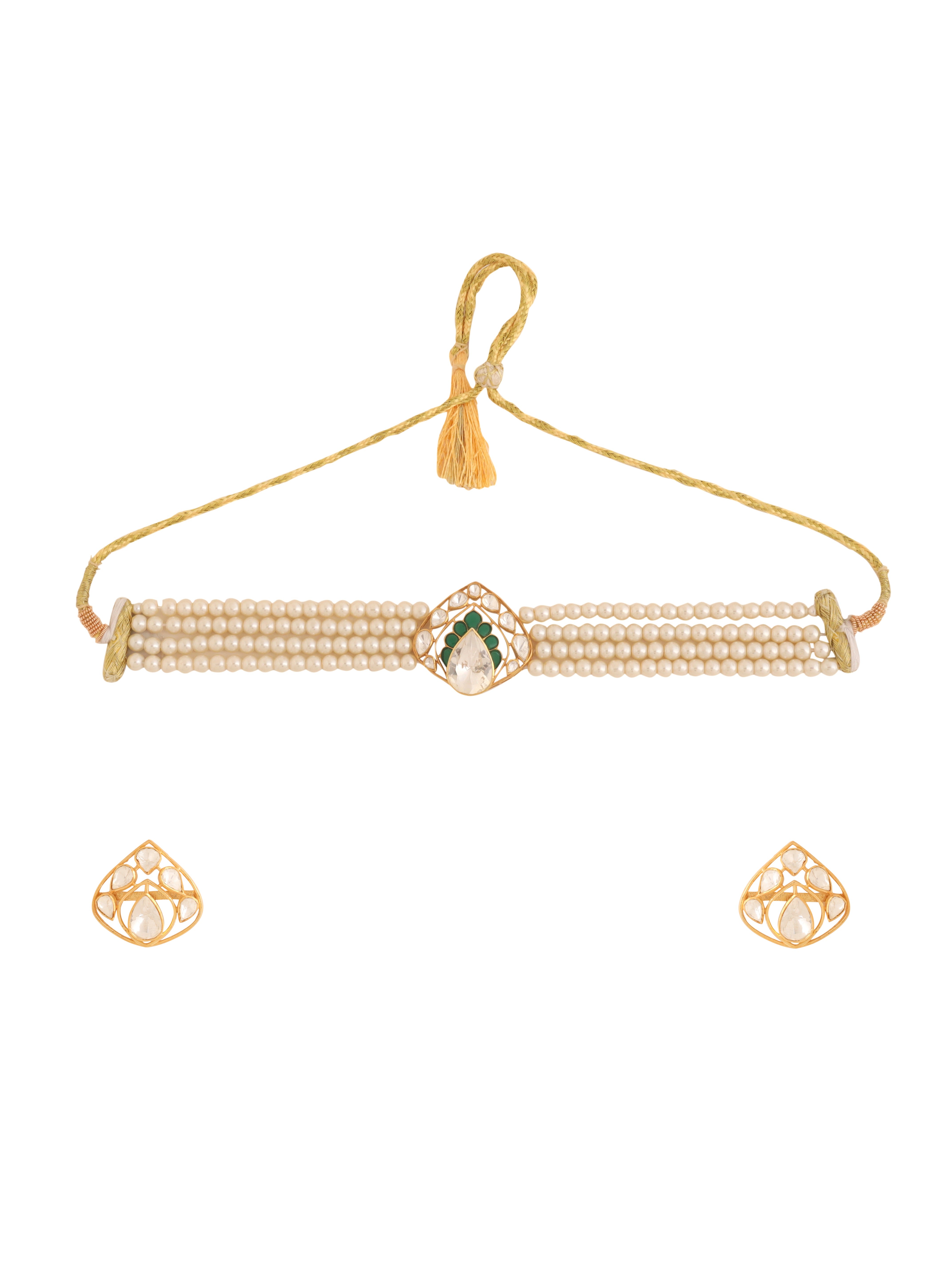 Pearl Stunning Polki Green Talfe - Wedding Bliss 925 Sterling Silver Necklace Set For Women