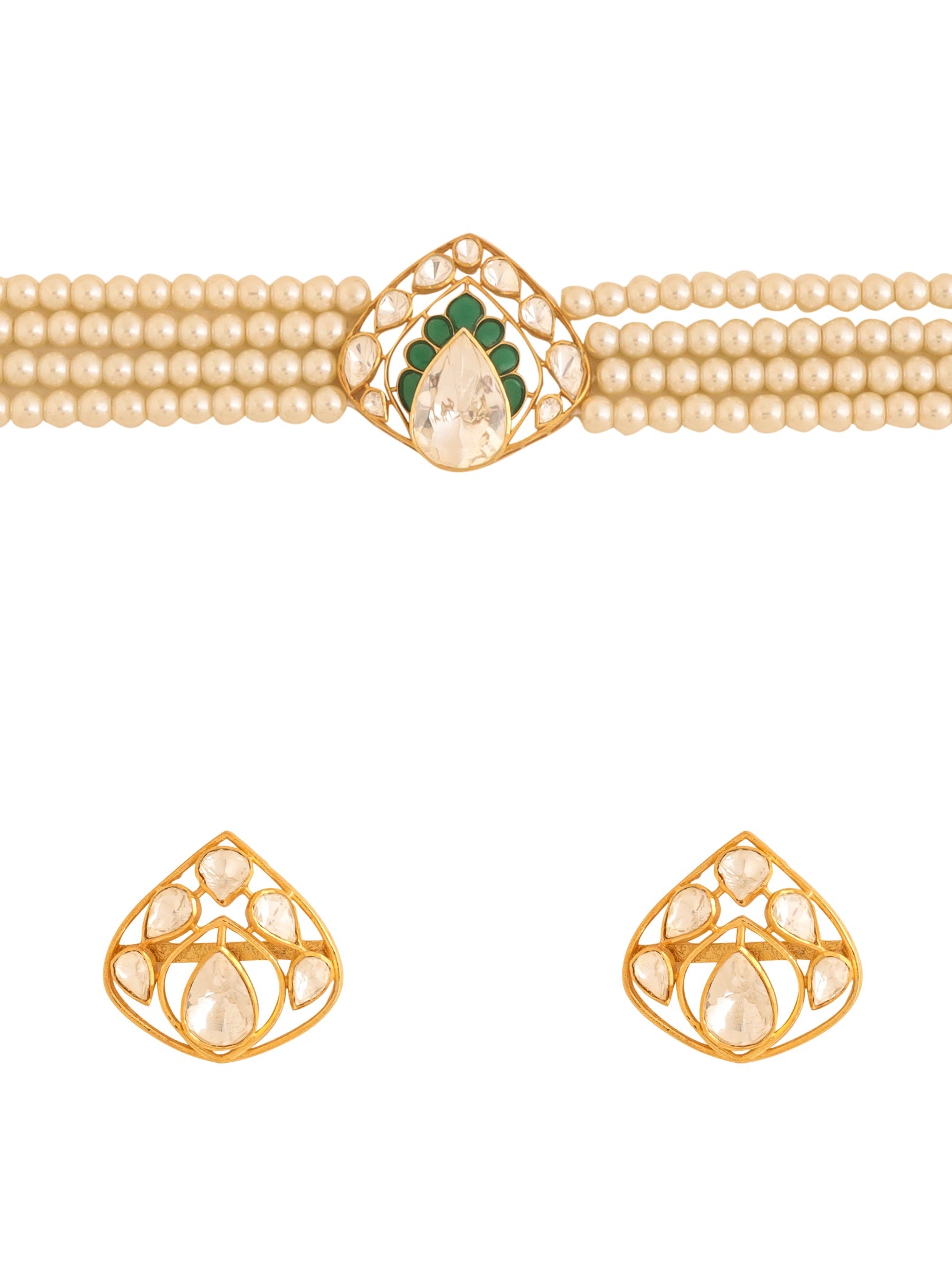 Pearl Stunning Polki Green Talfe - Wedding Bliss 925 Sterling Silver Necklace Set For Women