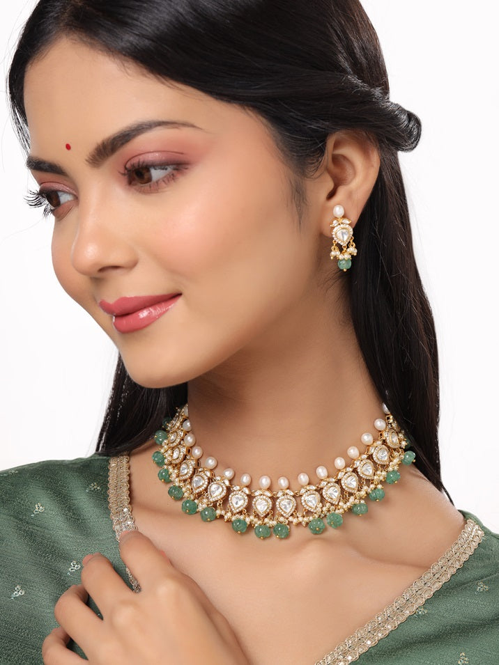 Classic Polki Green Talfe Wedding Bliss 925 Sterling Silver Necklace Set For Women