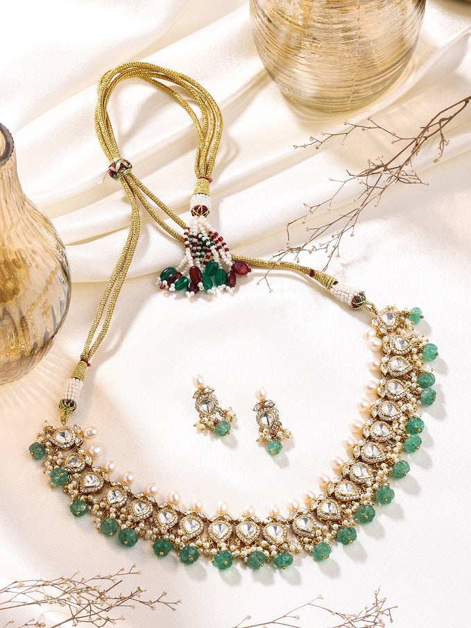 Classic Polki Green Talfe Wedding Bliss 925 Sterling Silver Necklace Set For Women