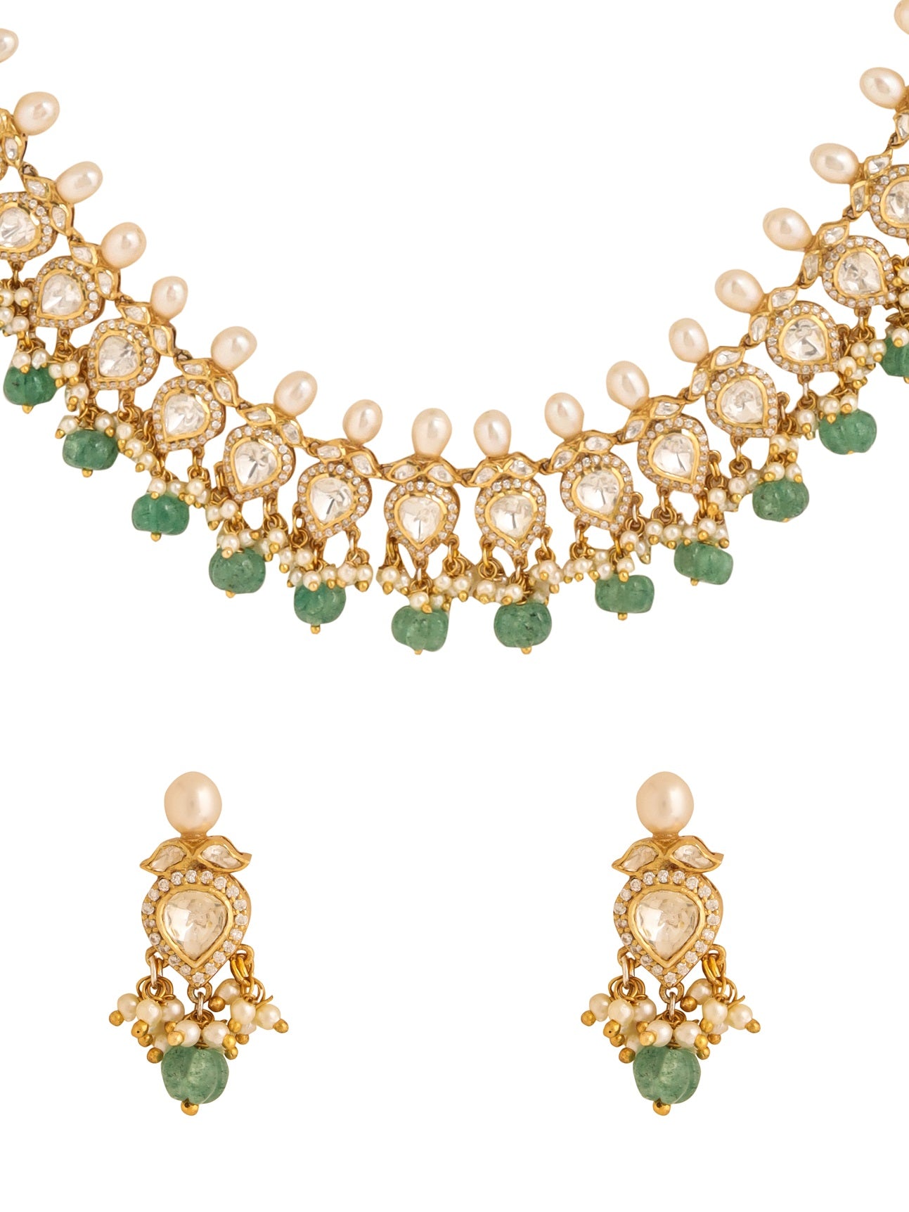 Classic Polki Green Talfe Wedding Bliss 925 Sterling Silver Necklace Set For Women