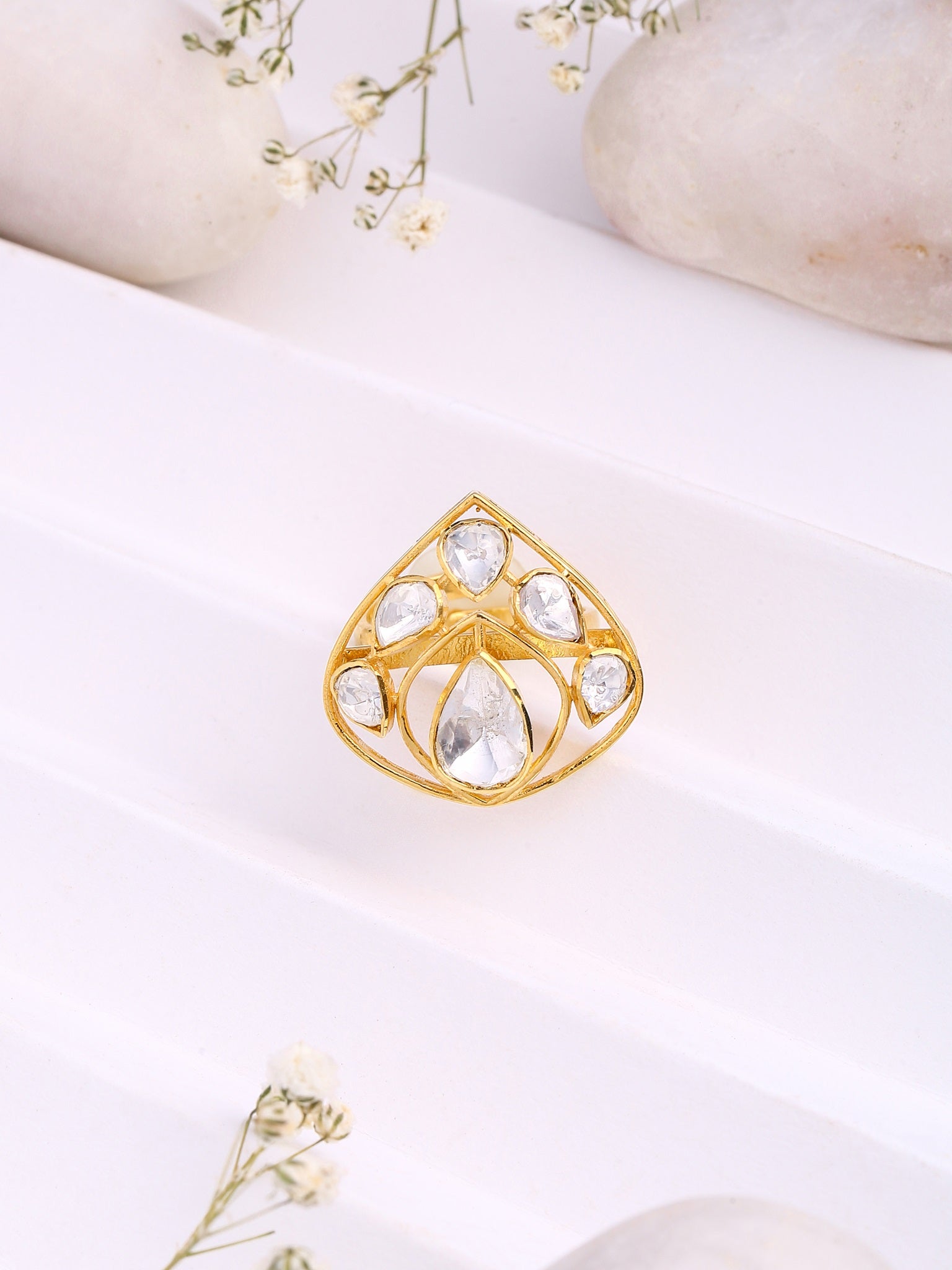 24K Gold Polki Floral Wedding Bliss 925 Sterling Silver Ring For Women