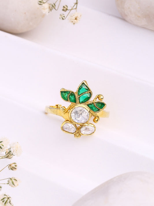 24K Gold Plated Polki Wedding Bliss 925 Sterling Silver Ring For Women