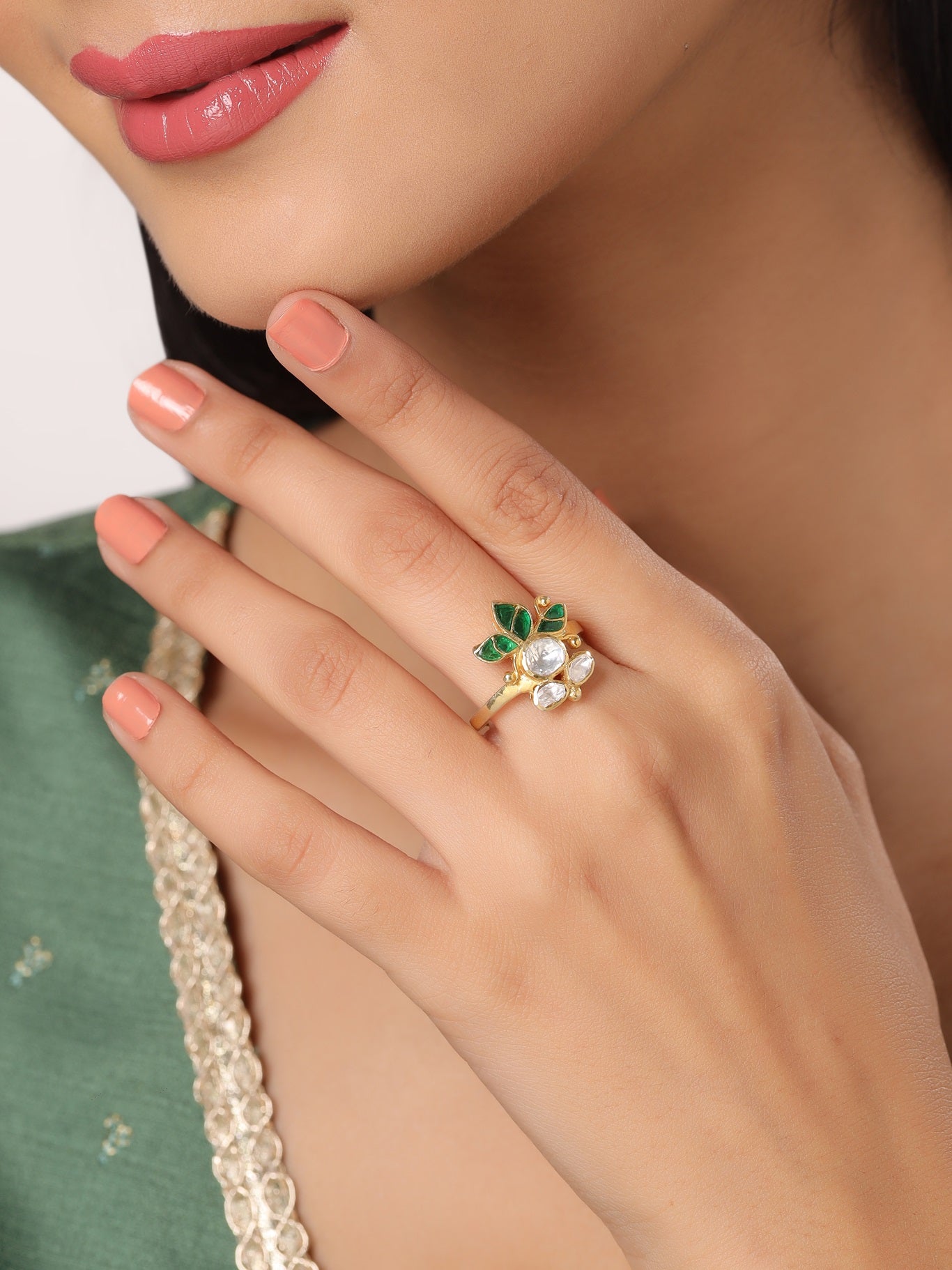 24K Gold Plated Polki Wedding Bliss 925 Sterling Silver Ring For Women