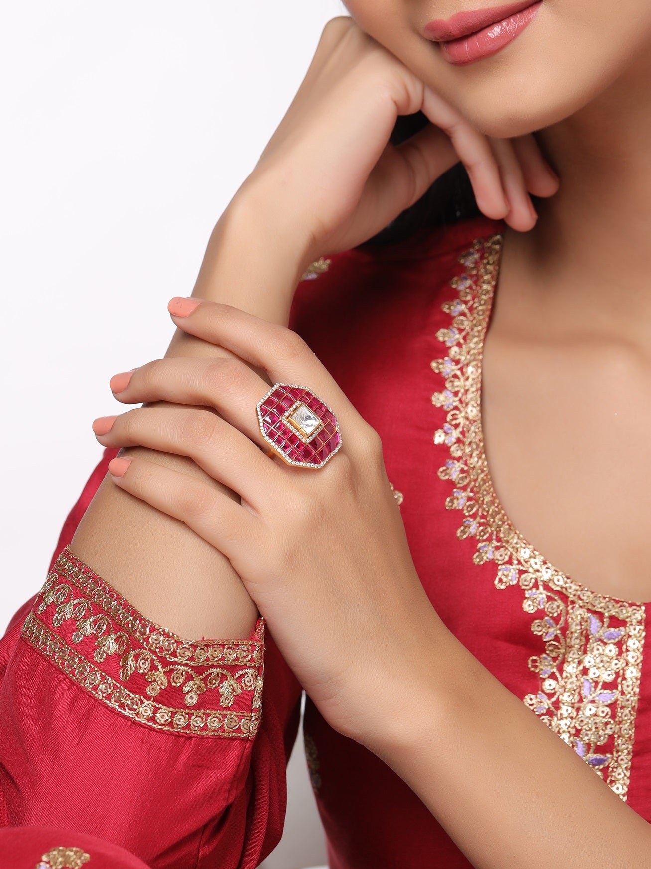 24K Gold Mughal-Inspired Polki Wedding Bliss 925 Sterling Silver Ring For Women