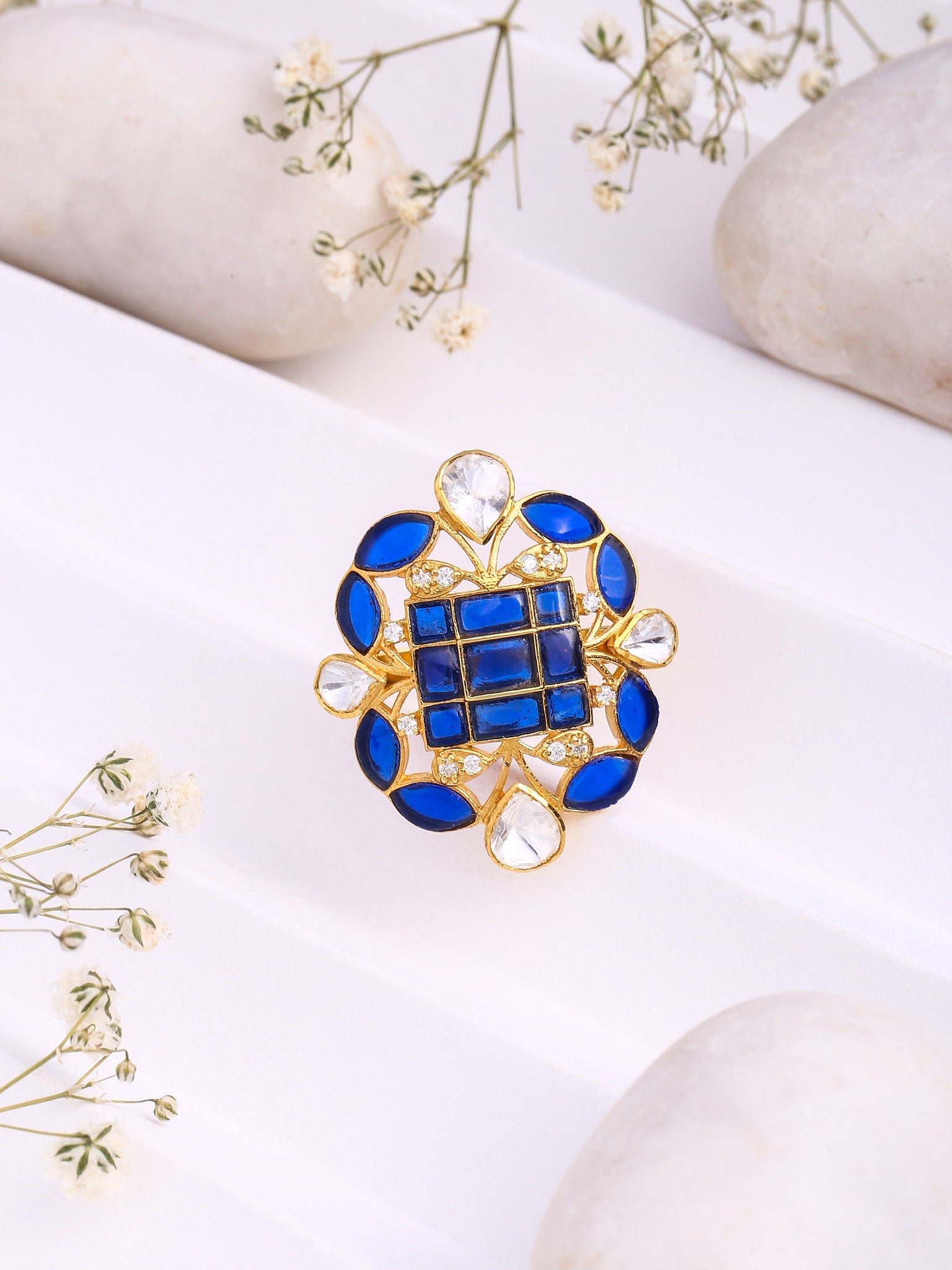 Mughal-Inspired Blue Talfe & Polki Wedding Bliss 925 Sterling Silver Ring For Women