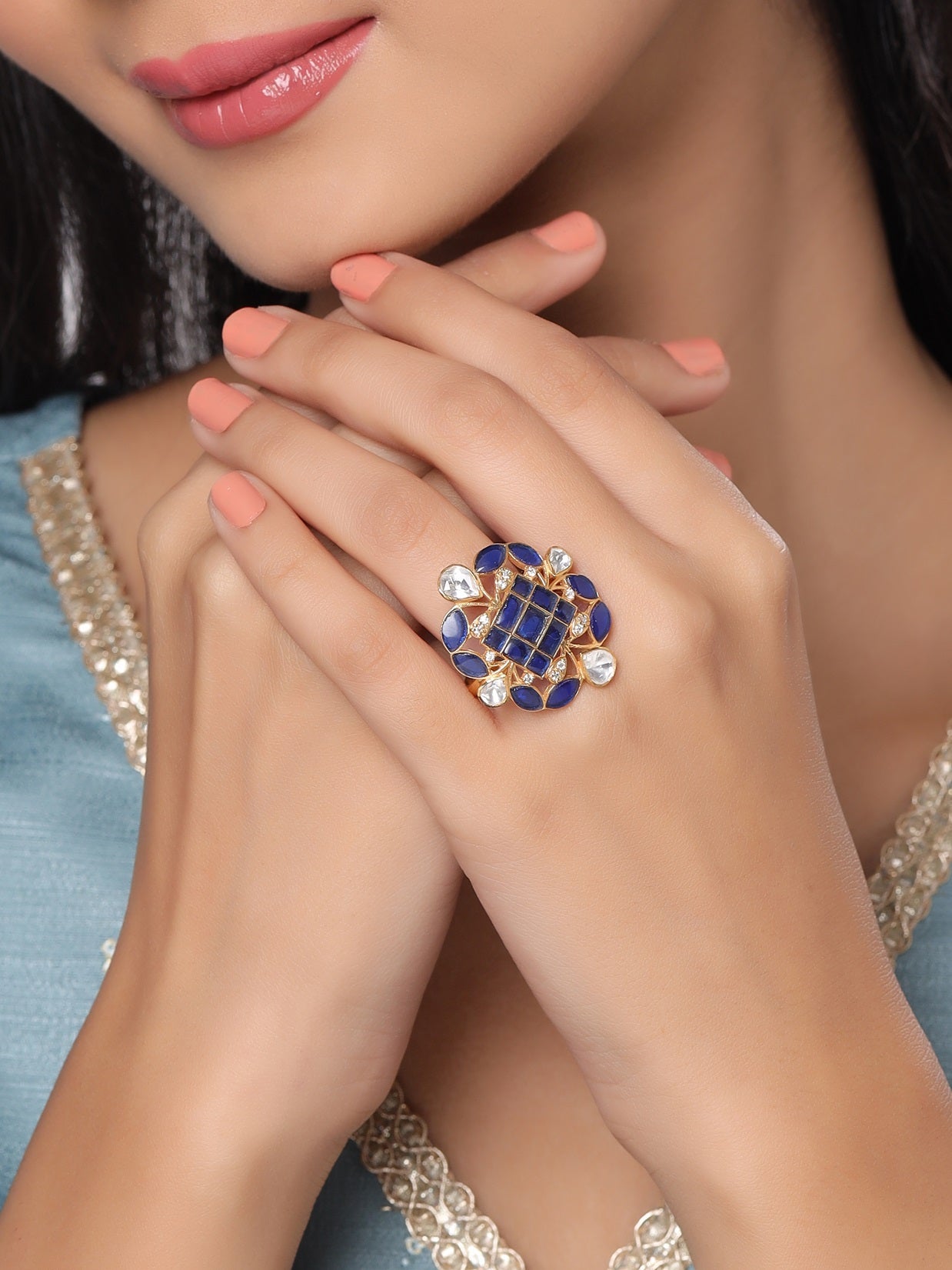 Mughal-Inspired Blue Talfe & Polki Wedding Bliss 925 Sterling Silver Ring For Women