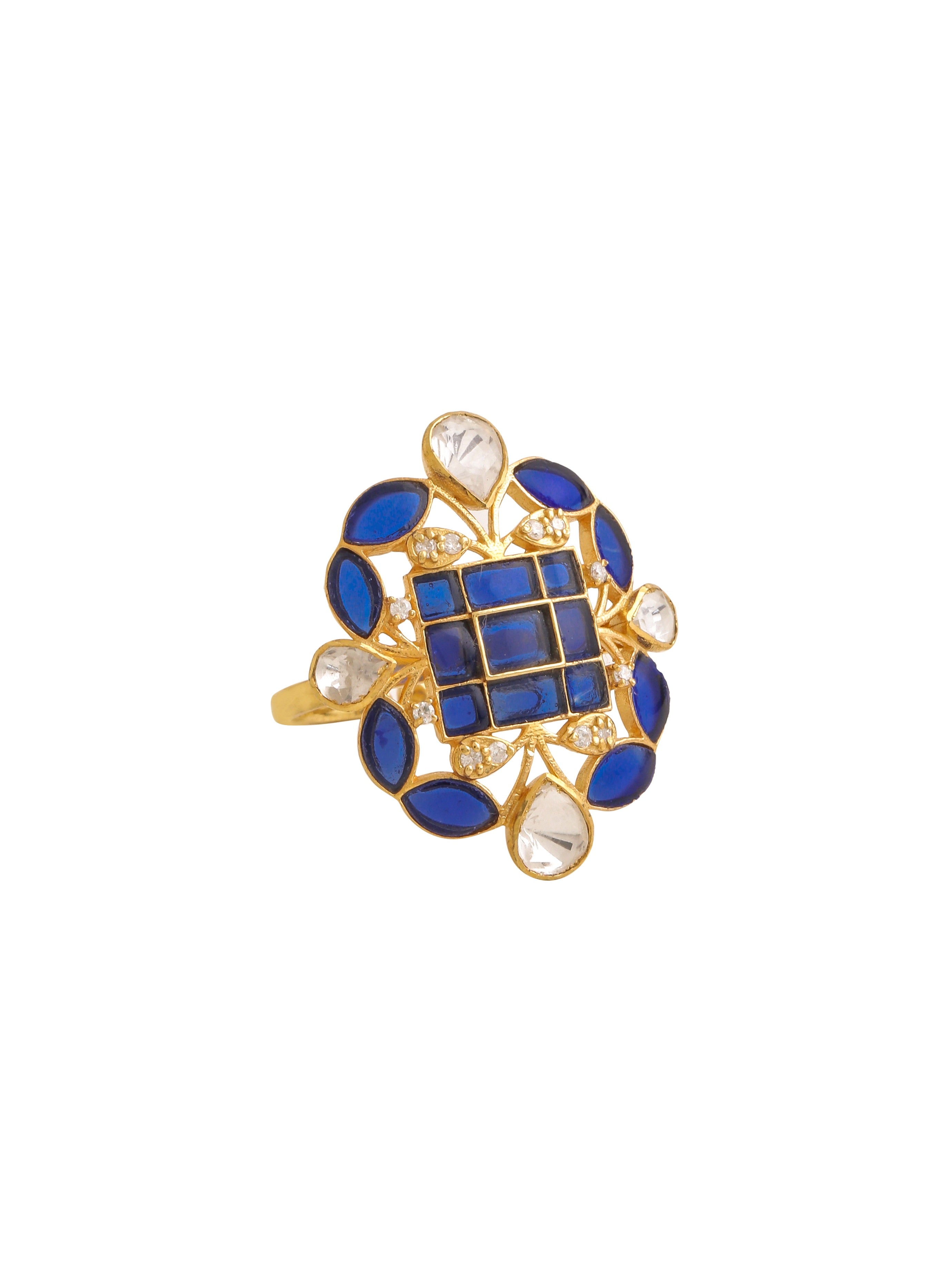 Mughal-Inspired Blue Talfe & Polki Wedding Bliss 925 Sterling Silver Ring For Women