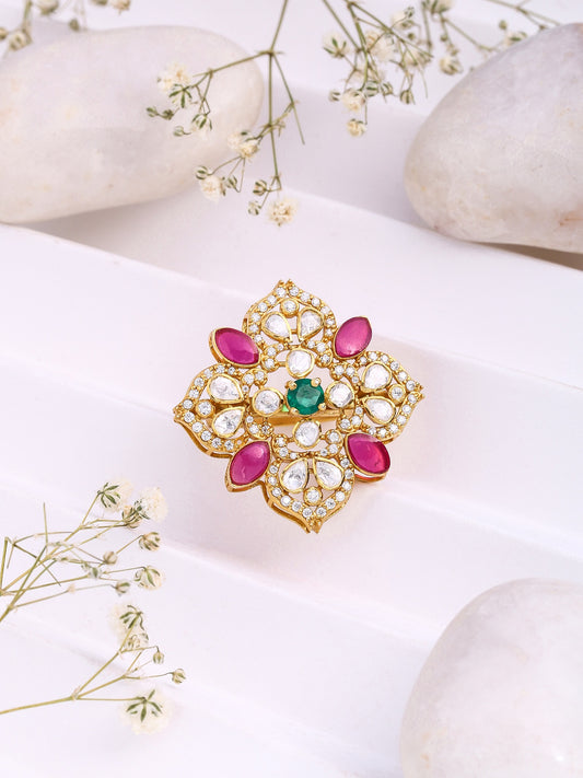 24K Gold plated Mughal-Inspired Green Onyx & Polki Wedding Bliss 925 Sterling Silver Ring For Women