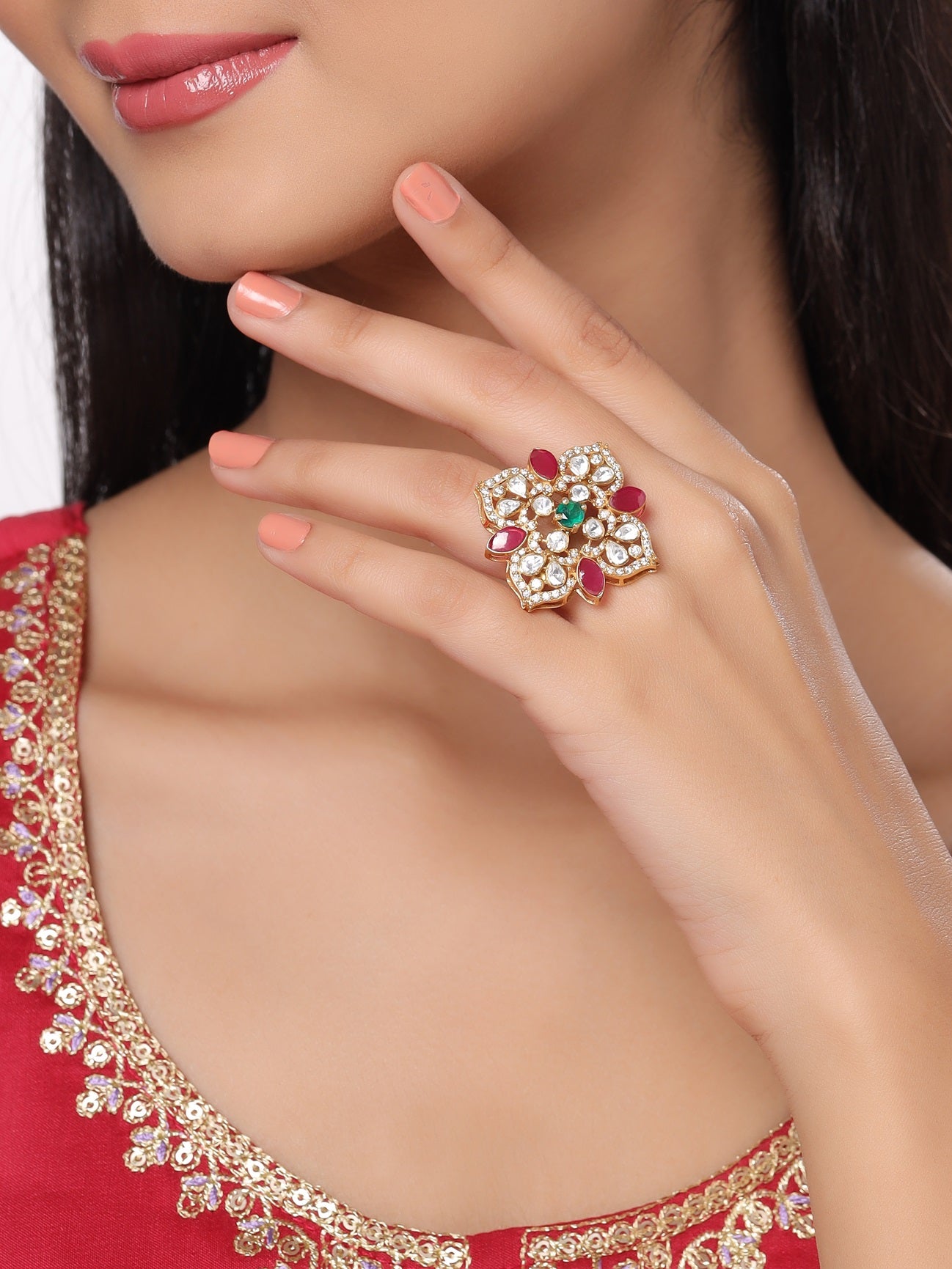 24K Gold plated Mughal-Inspired Green Onyx & Polki Wedding Bliss 925 Sterling Silver Ring For Women