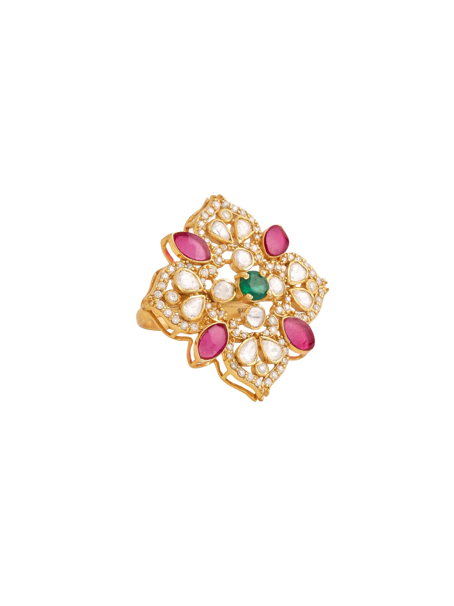 24K Gold plated Mughal-Inspired Green Onyx & Polki Wedding Bliss 925 Sterling Silver Ring For Women