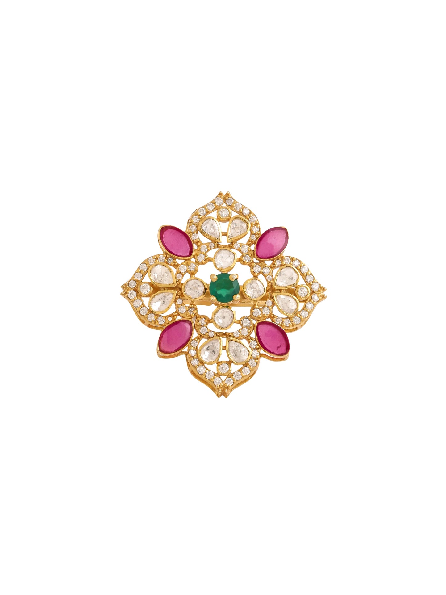 24K Gold plated Mughal-Inspired Green Onyx & Polki Wedding Bliss 925 Sterling Silver Ring For Women