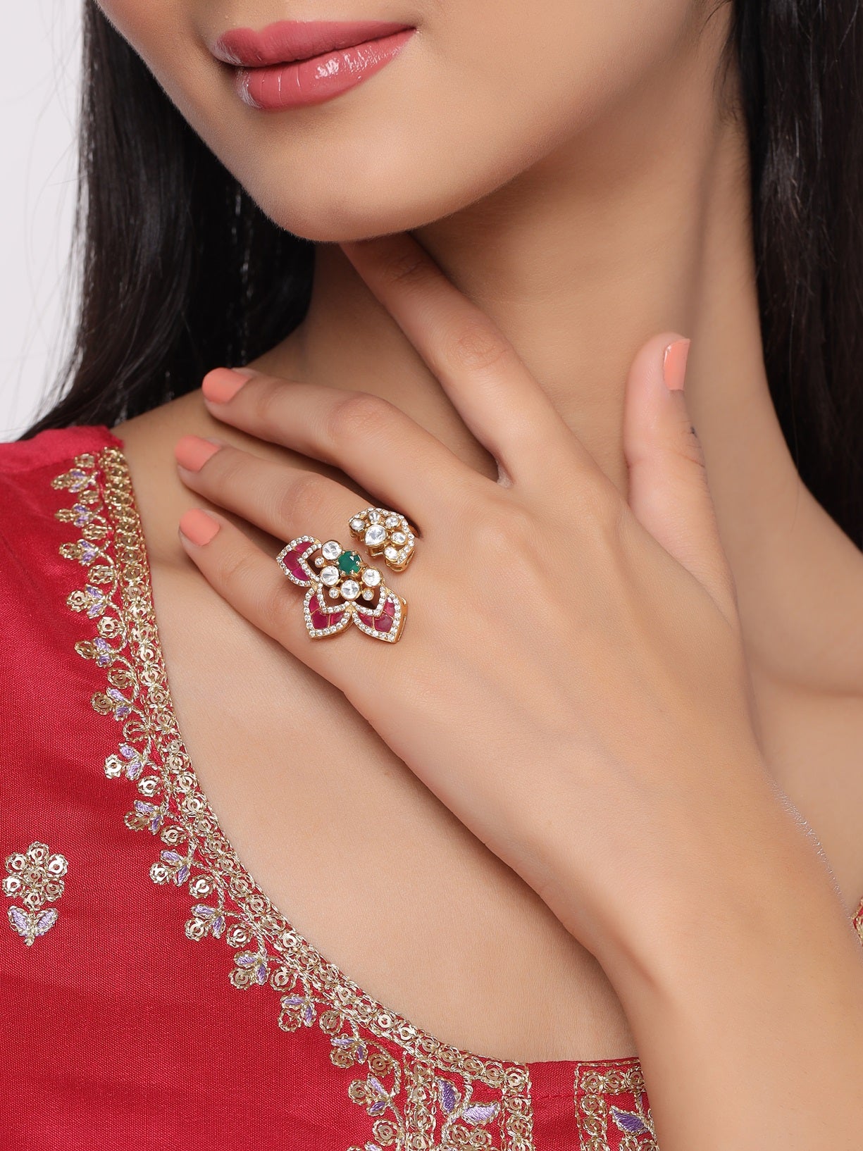 Mughal-Inspired Green Onyx & Polki Wedding Bliss 925 Sterling Silver Ring For Women